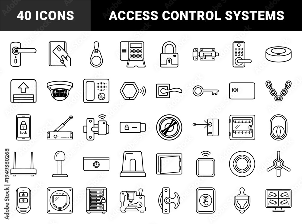 Fototapeta premium Home security and digital access control systems. Technical monoline pictograms for smart locks, surveillance, and automated entry solutions.