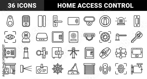 Home security and access control systems for smart building integration. Technical monoline pictograms featuring biometric entry and surveillance concepts.