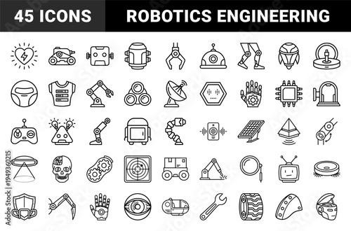 Robotic engineering and artificial intelligence components for technical documentation. Uniform monolinear elements featuring automation and bionic hardware concepts.
