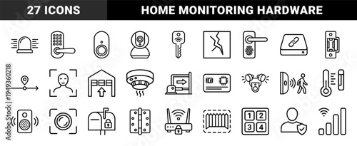 Home security and smart automation technical monoline pictograms for residential safety monitoring and property protection systems.