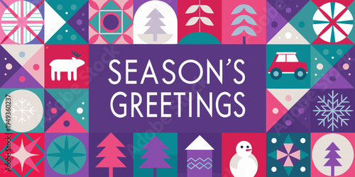 Festive geometric illustration with seasonal greetings and winter themed icons