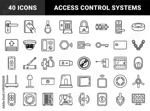 Home security and digital access control systems. Technical monoline pictograms for smart locks, surveillance, and automated entry solutions.