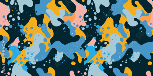 Abstract colorful pattern featuring fluid shapes and scattered dots