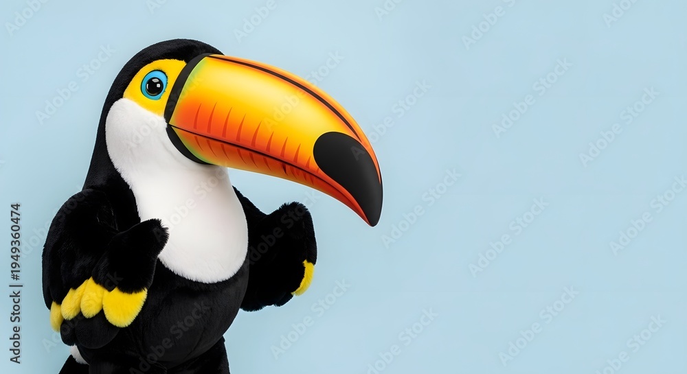 Naklejka premium A detailed, close-up studio shot of a black, white, and yellow plush toucan toy against a soft blue background, highlighting its distinctive large, colorful beak.