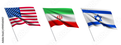 Vector illustration of waving United States of America, Islamic Republic of Iran and Israel flags related to Middle East war conflict