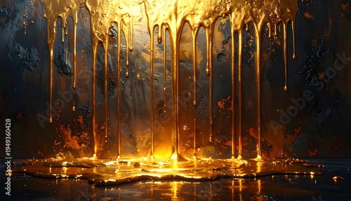 Flowing, shiny golden liquid dripping down a textured dark surface, reflecting light with metallic sheen