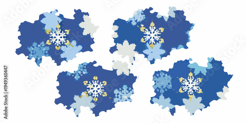 Abstract snowflake designs in shades of blue and gold tones