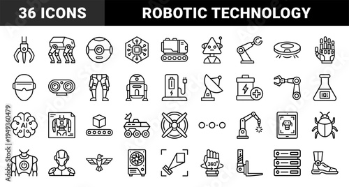 Robotics and automation technology pictograms in technical monoline style featuring industrial arms bionic limbs and artificial intelligence