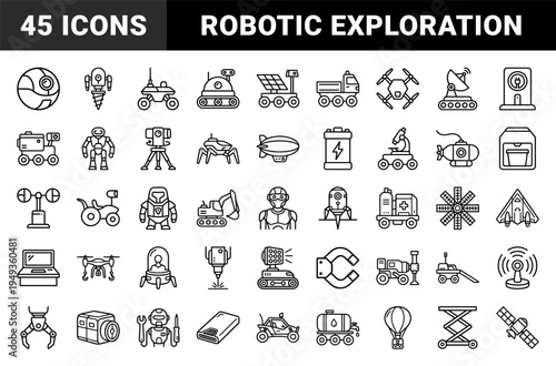 Autonomous exploration and robotic engineering line art featuring planetary rovers, industrial drones, and scientific research equipment.