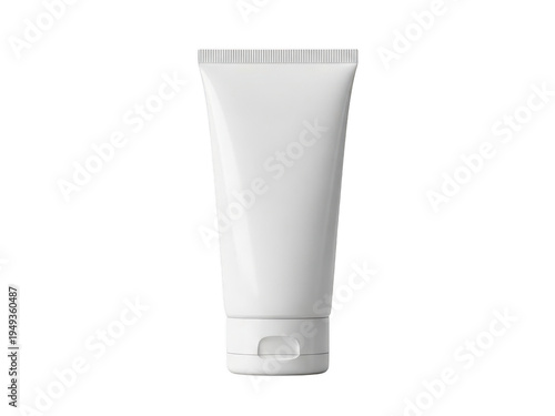 Empty tube of white cosmetic or skincare product standing upright against plain background