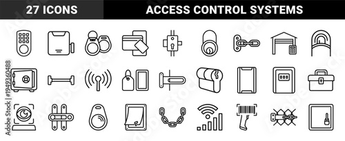 Home security and digital access control systems for smart property protection. Technical monoline pictograms featuring biometric and mechanical locking mechanisms.