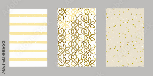 Three vertical panels displaying distinct golden patterns on white backgrounds