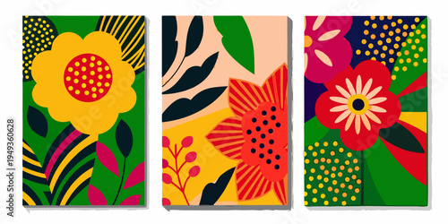 Abstract floral triptych featuring bold colors and geometric patterns