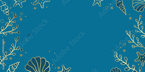 Blue background with golden seashells starfish and marine botanical elements