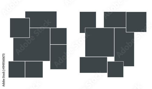 Vector photo collage template set. Two modern frame layouts with multiple rectangles. Minimal gallery mockup for family memories, social media posts, portfolio or scrapbook design.
