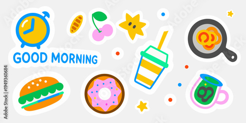 Colorful breakfast and morning themed stickers with food and objects