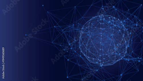 Vector digital network sphere on blue background. Wireframe globe with connected nodes and lines. Futuristic technology communication concept. Abstract data visualization.
