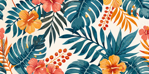Vibrant tropical flowers and lush green leaves on a seamless pattern