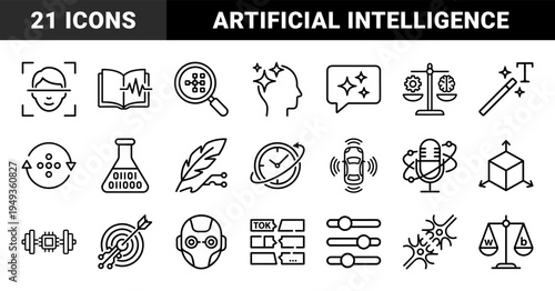 Artificial intelligence and machine learning conceptual elements in technical monoline style. Ethic and data processing symbols for software development.