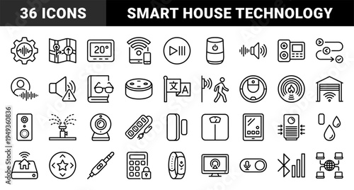 Smart home automation and internet of things technical monoline pictograms for interface design and domestic connectivity systems.