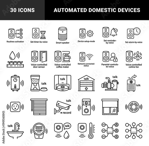 Smart home automation and voice controlled device interface elements. Technical monoline pictograms for internet of things and domestic connectivity.