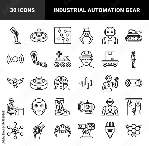 Robotics and industrial automation monoline elements for technical engineering interfaces. Bold geometric pictograms featuring bionic limbs and smart machinery.