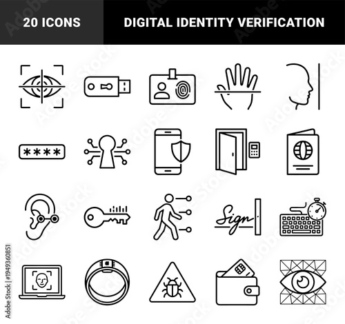 Biometric security and digital identity authentication systems. Technical monolinear pictograms featuring facial recognition, fingerprinting, and cybersecurity protocols.