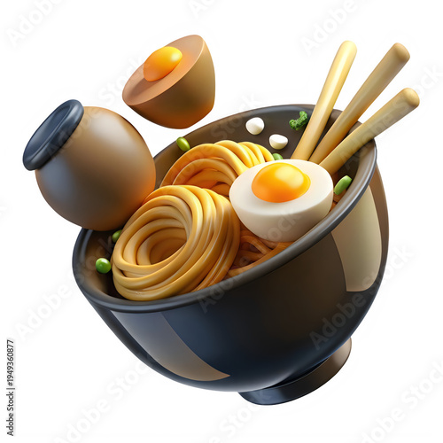 A bowl of ramen with chopsticks, a spoon, and a side of gyoza on a table isolated on transparent background