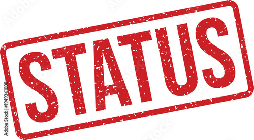 This bold red distressed rectangular rubber stamp features the word STATUS on a clean white surface