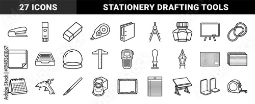Office stationery and drafting equipment for architectural workflow. Technical monoline outline icons featuring school supplies and workspace tools.