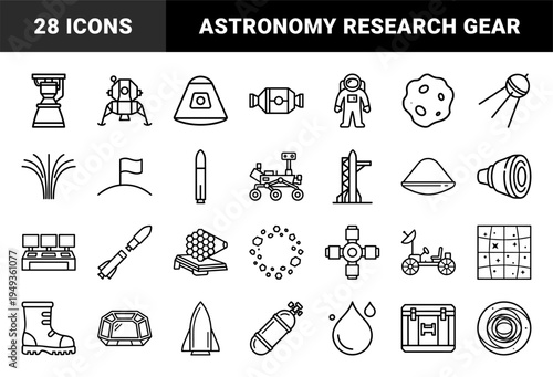 Space exploration and aerospace engineering elements for educational infographics. Technical monoline pictograms featuring lunar landing, rocket propulsion, and galactic discovery concepts.