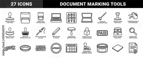 Administrative document marking and office stationery tools in a clean monoline style. Professional stamps, wax seals, and labeling equipment.