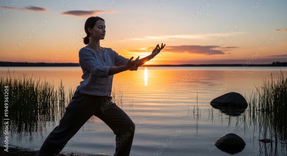 Fototapeta premium Woman practicing qigong at sunset by tranquil lake