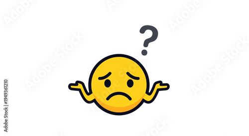 Questioning Yellow Emoji Shrugging Shoulders with Sad Mouth and Question Mark on Isolated White Background