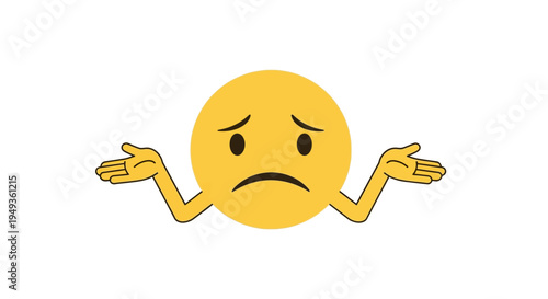 Confused Yellow Emoji Shrugging Shoulders with Sad Expression on Isolated White Background