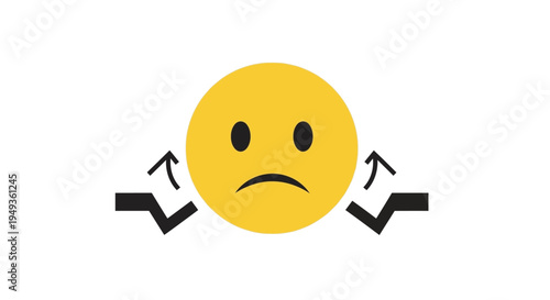 Frustrated Yellow Emoji Shrugging Shoulders with Wavy Arms on Isolated White Background