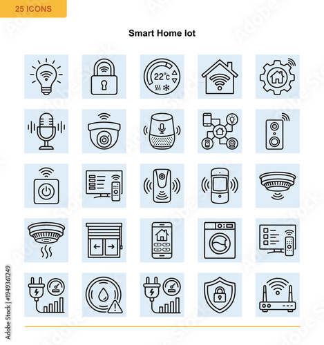A collection of minimalist and informative smart home IoT icons in line art style.