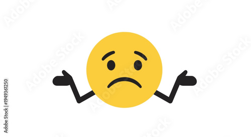 Sad Yellow Emoji Shrugging Shoulders with Downward Mouth on Isolated White Background