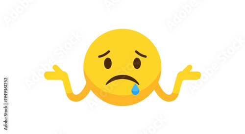 Crying Shrugging Emoji with a Tear, Isolated White Background, Expressing Sadness and Helpless Resignation