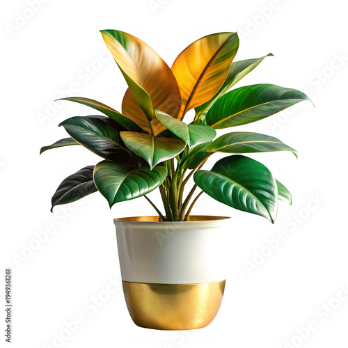 A beautiful yellow and green plant in a white and yellow pot isolated on transparent background