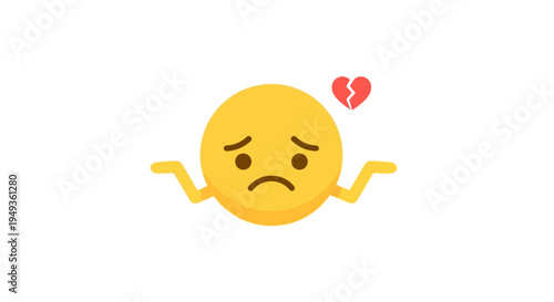 Sad Emoji with Broken Red Heart and Shrug Gesture, Isolated White Background, Expressing Heartbreak and Disappointment
