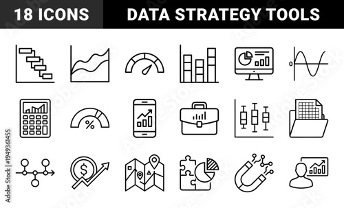 Data analytics and business strategy visualization elements in technical monoline style. Financial growth charts and project management planning tools for corporate reporting.