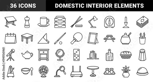 Household essentials and interior decor objects for lifestyle branding. Technical monoline linear elements featuring furniture and kitchenware.