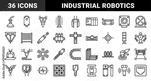 Industrial automation and robotic manufacturing systems for smart factory workflows. Technical monoline stroke elements featuring cobots and precision tools.