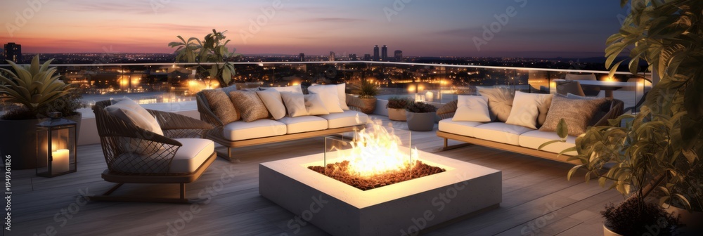 Obraz premium outdoor seating area with several chairs arranged around a fire pit on residential house terrace