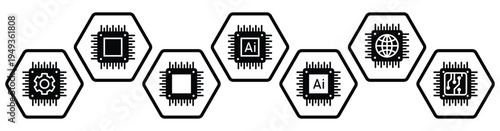 Artificial Intelligence and Microchip Hexagonal Icon Set