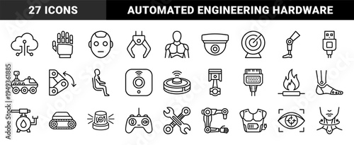 Robotic engineering and automated systems hardware features technical monoline symbols for industrial design and artificial intelligence concepts.