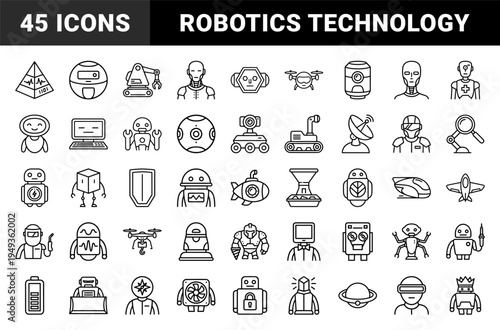 Robotics and artificial intelligence automation elements for technical diagrams. Monolinear pictograms featuring humanoid bots, drones, and industrial machinery.