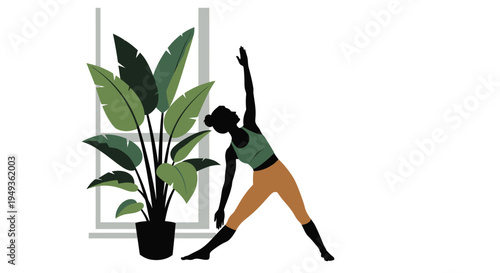 Woman practicing yoga beside a large tropical plant near a window