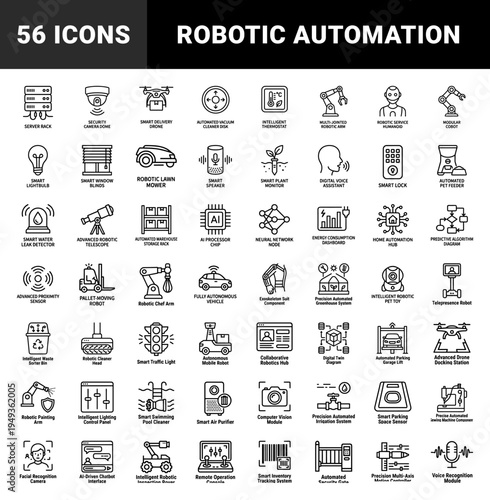 Robotics and artificial intelligence automation elements for industrial and smart home systems. Monoline technical pictograms featuring humanoid and machine learning concepts.